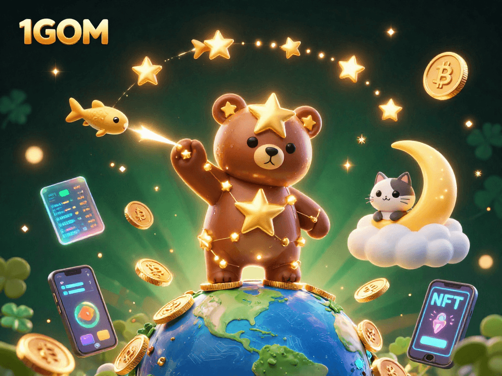 Engage with 1GOM's vibrant gaming universe where stars, coins, and crypto collide!