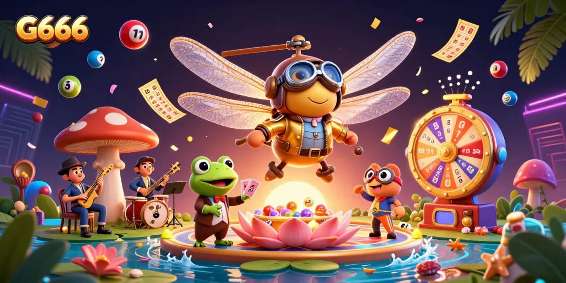 G666's thrilling gaming experience with a dynamic scene featuring a dragonfly pilot and frog dealer amidst vibrant casino elements.