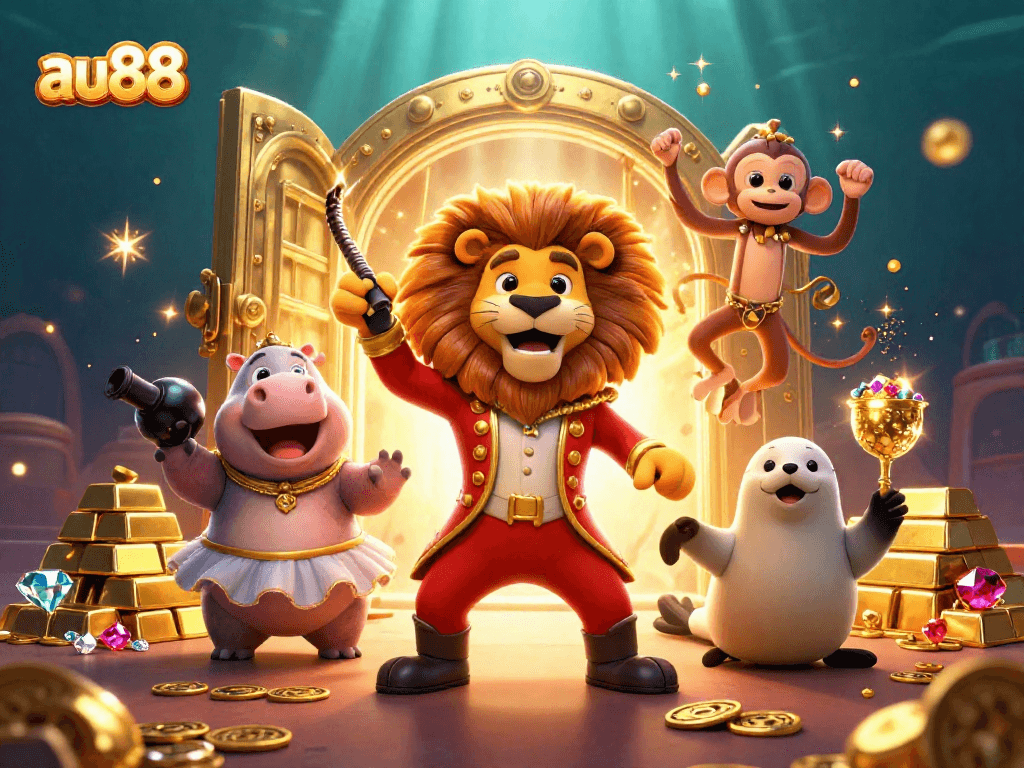 Spin and win with au88 in a vibrant 3D casino scene full of jewels and treasures.
