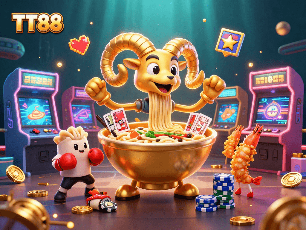 Engage with TT88 through vibrant casino-themed characters and arcade elements in a dynamic 3D scene.