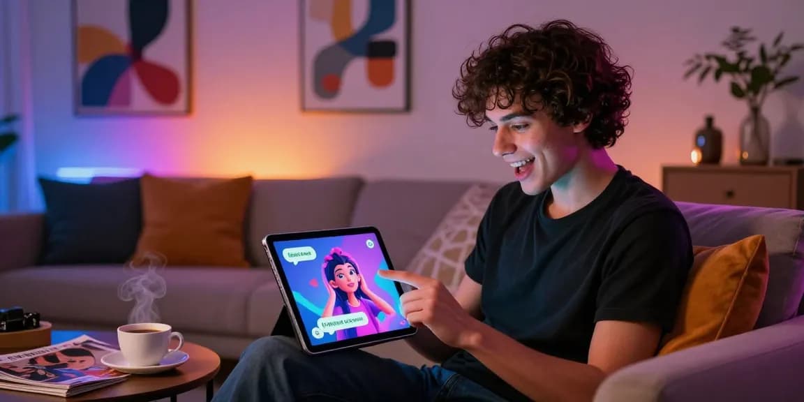 Person enjoying ai chat porn on a tablet in a cozy, stylish setting with vibrant character interaction.