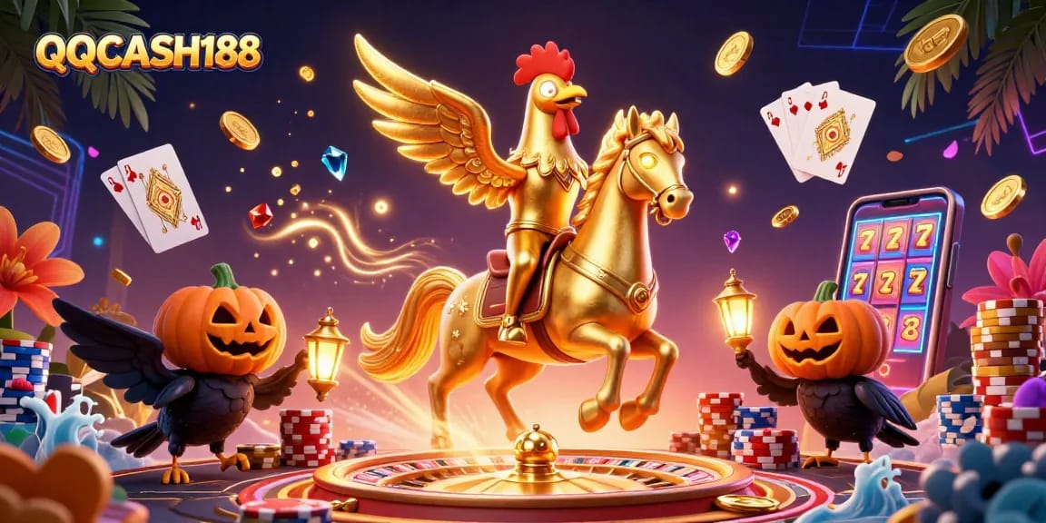 Experience QQCASH188 gaming with a golden rooster in a vibrant casino scene filled with prizes.