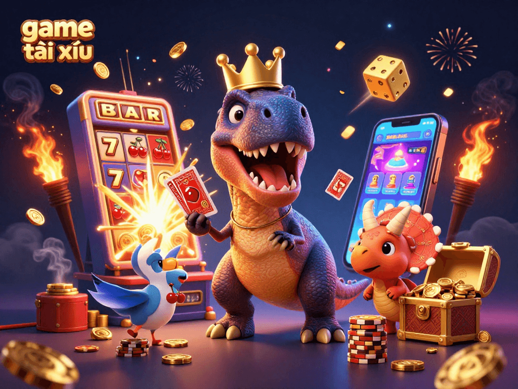 Play the dynamic game tài xỉu with a fun T-Rex, pterodactyl, and triceratops amidst exciting casino elements.