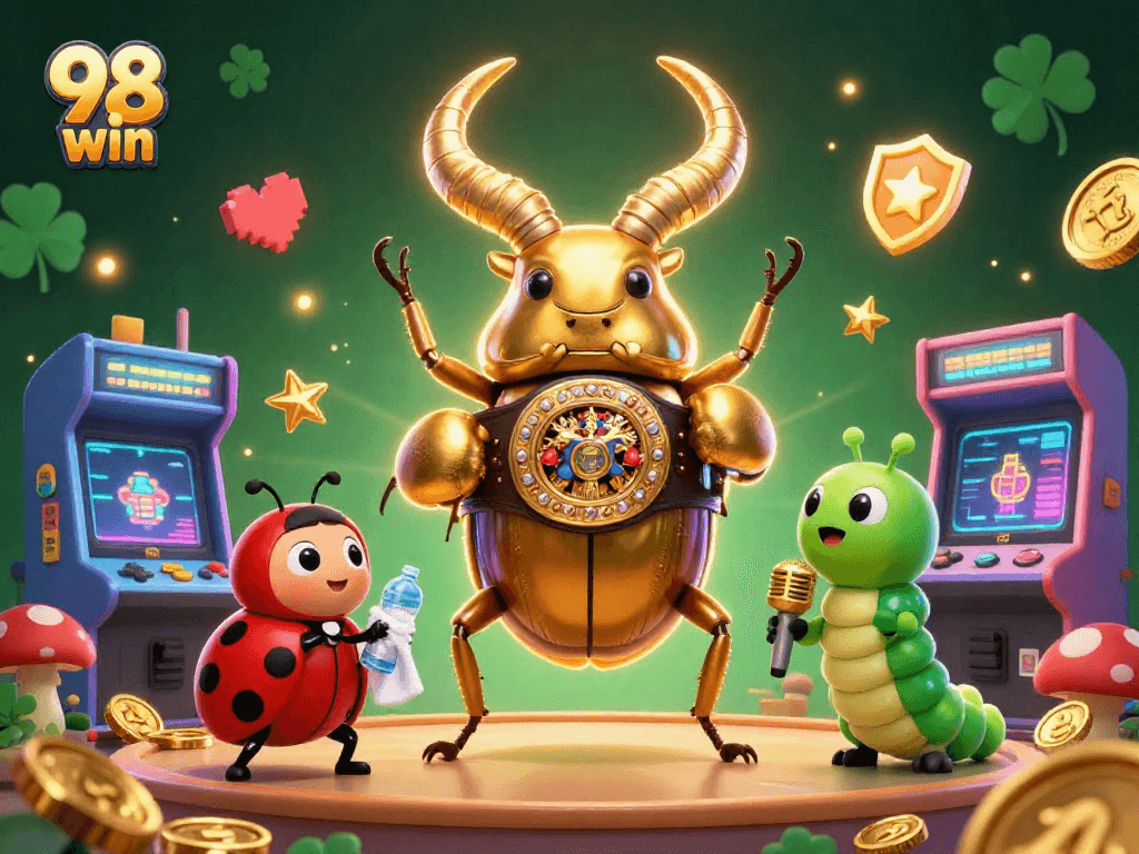 Experience the thrill of 98 win with an energetic casino scene featuring vibrant characters and gaming elements.