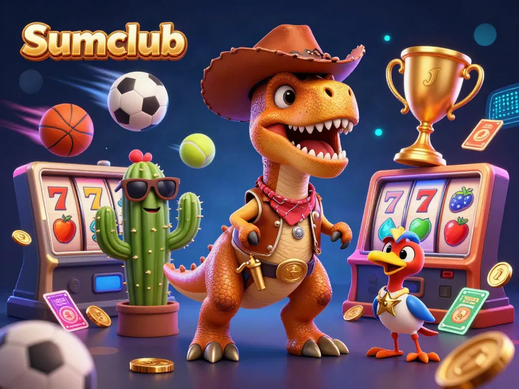 Engage with Sumclub's colorful casino scene featuring T-Rex, cactus, and roadrunner enjoying slots and dynamic sports.