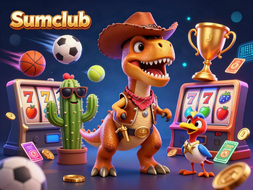 Engage with Sumclub's colorful casino scene featuring T-Rex, cactus, and roadrunner enjoying slots and dynamic sports.