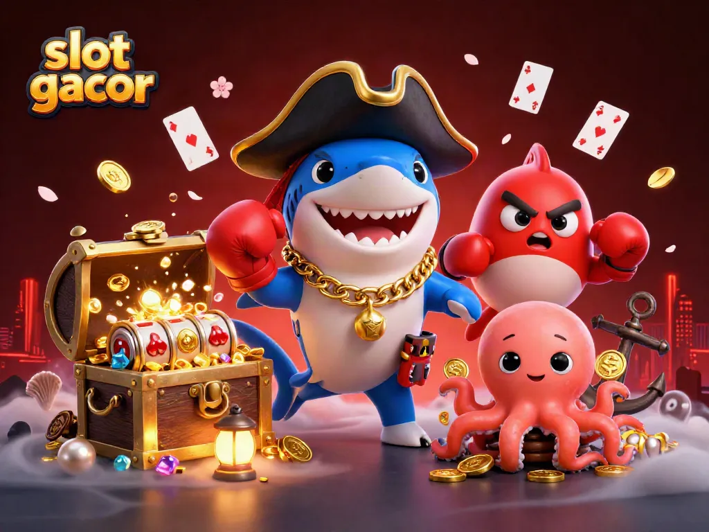 Engage in slot gacor excitement with a dynamic cartoon scene packed with vibrant characters and gaming elements.