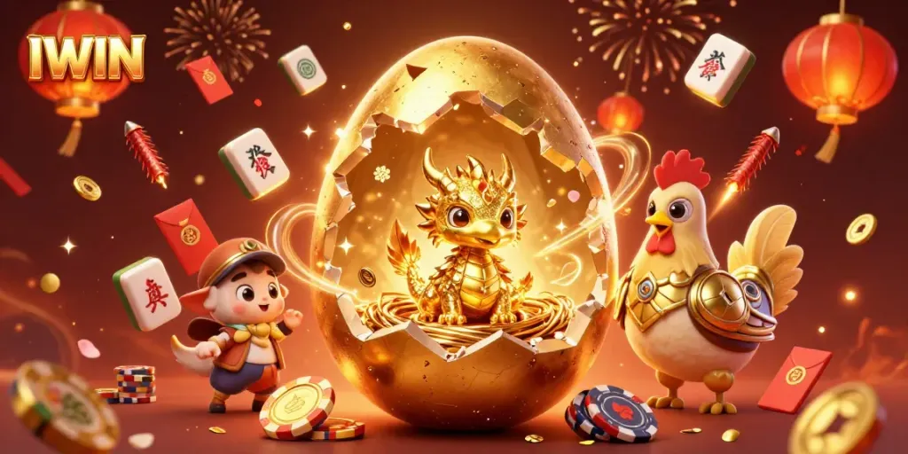 IWIN reveals a golden dragon amidst poker chips in a vibrant casino celebration scene.