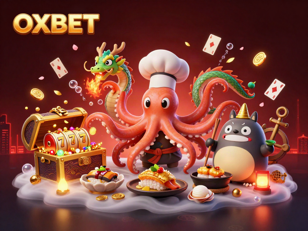 Experience exciting casino wins with OXBET in this vibrant 3D illustration of a sushi chef octopus and friends.