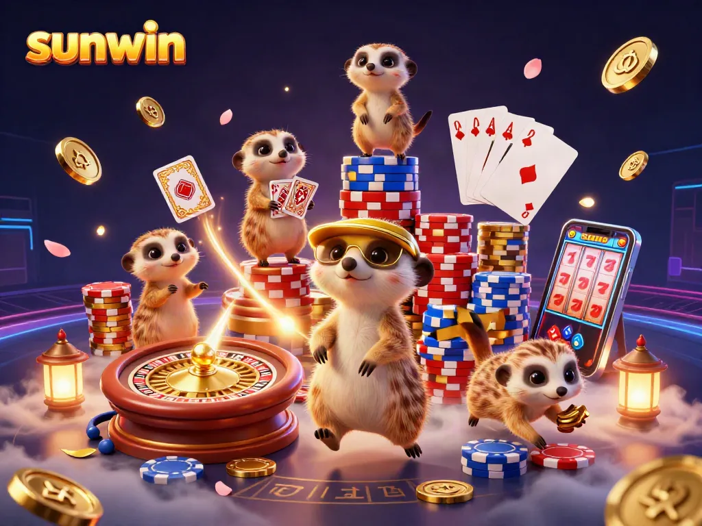 Sunwin meerkats running a vibrant casino with coins, cards, and a roulette wheel