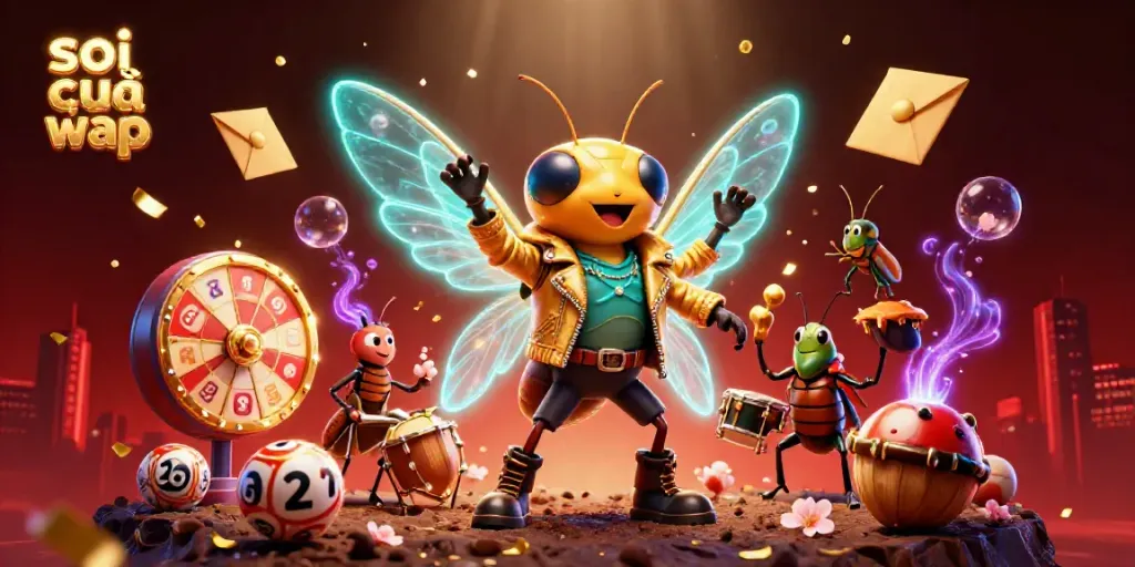 The lively scene captures soi cầu wap with a cicada rock star, beetle drummer, and colorful lottery elements in a dynamic illustration.