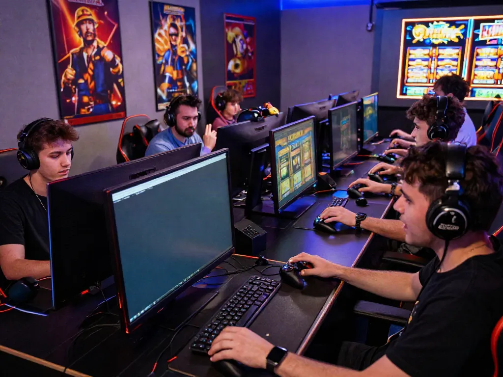 Exciting gaming scene with players experiencing situs slot gacor, engaging with interactive slot machines in a vibrant gaming lounge.