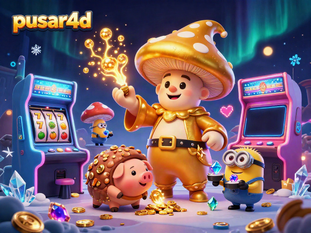 Engage with pusar4d's vibrant gaming world featuring a wizard, treasure-hunting pig, and slot machines.