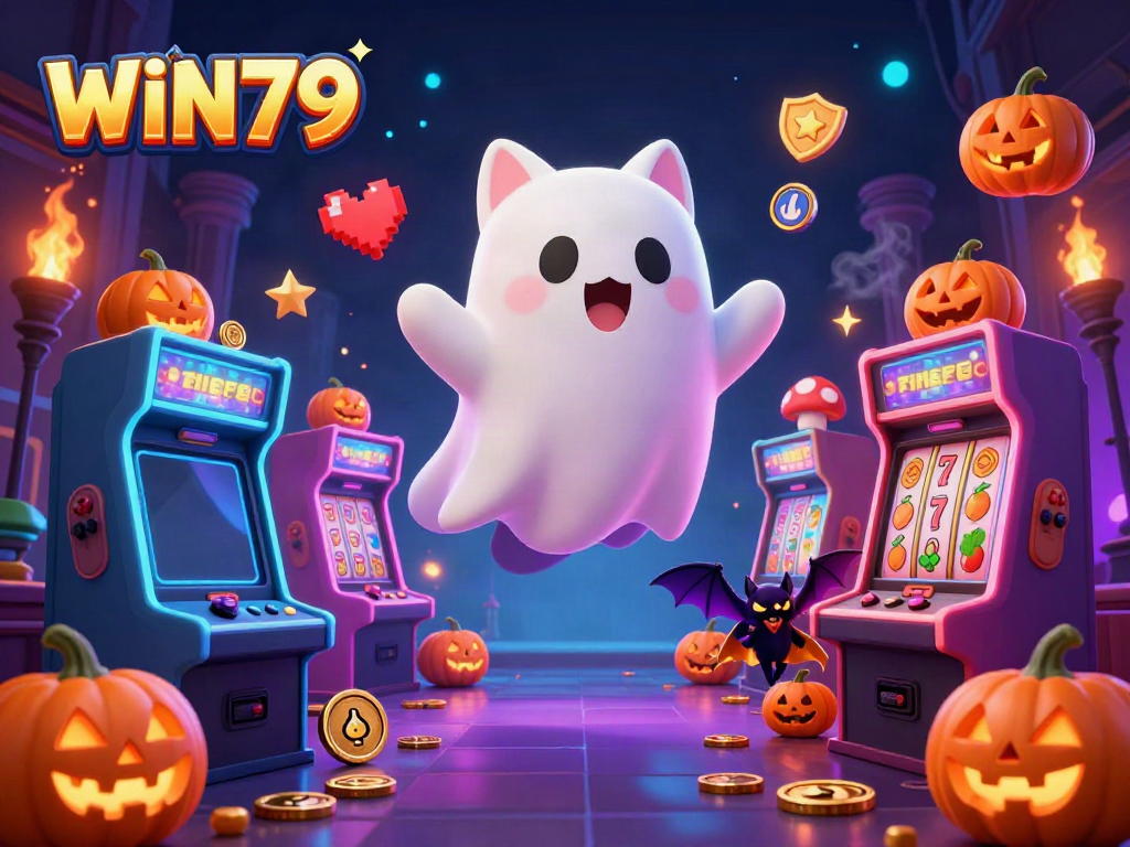 Experience the enchanting gaming atmosphere of WIN79 with a ghost cat and vibrant casino elements.