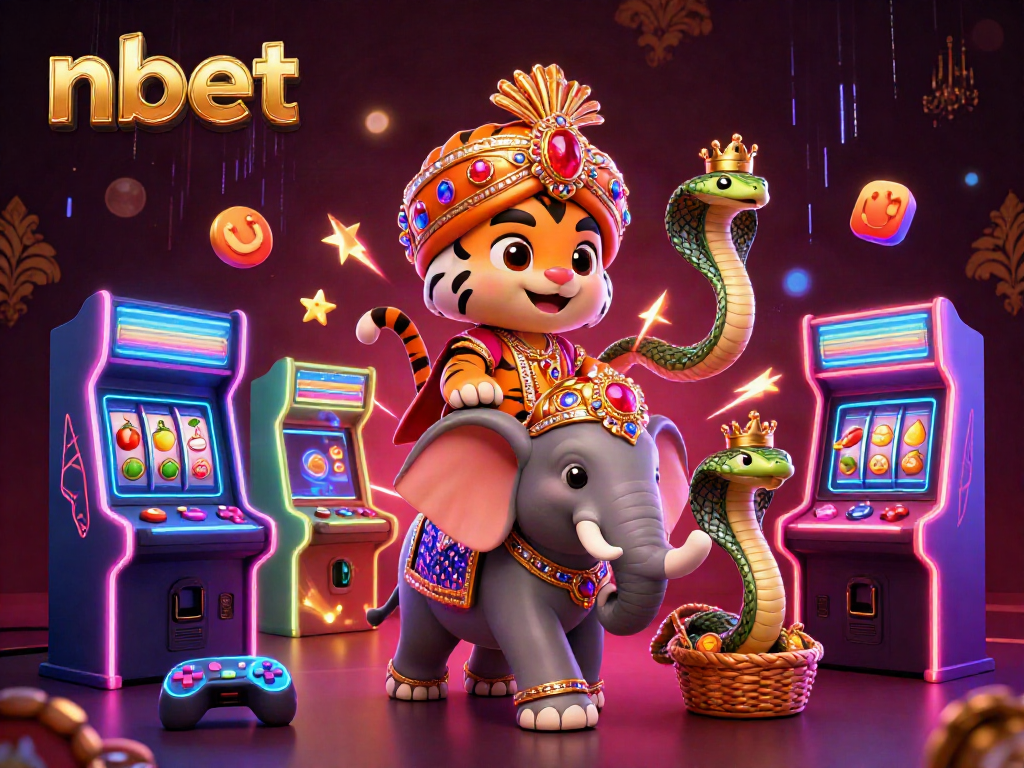 Experience excitement at nbet with a vibrant scene featuring a maharaja, elephant, and gambling elements.