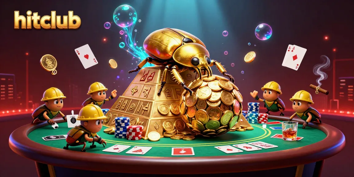 Engage in hitclub's exciting gaming experience with golden beetles rolling coins and vibrant poker elements.