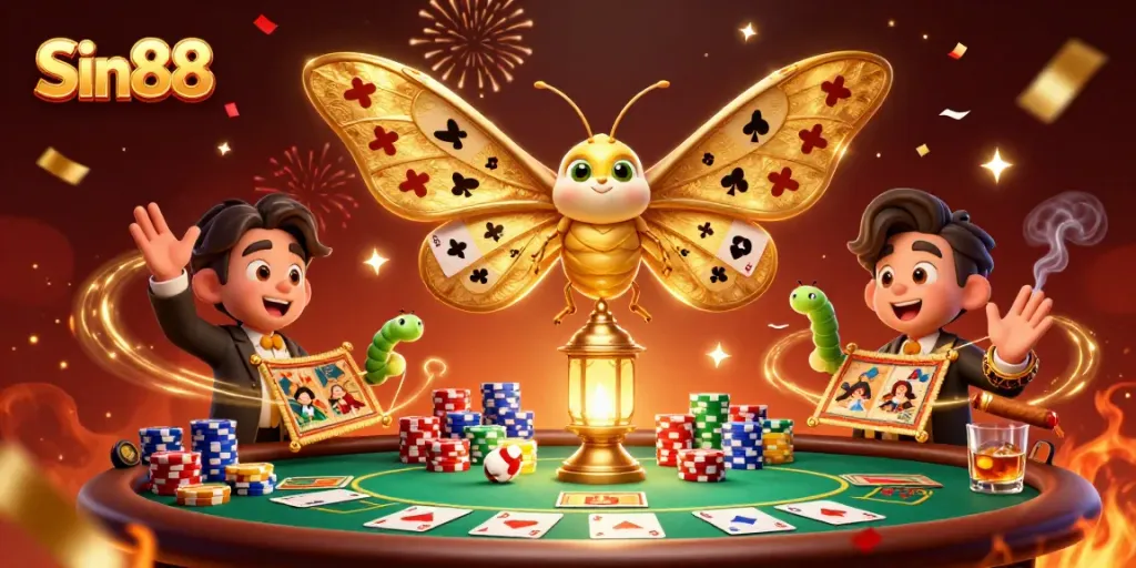 Sin88 captivates players with vibrant casino scenes and dynamic gaming elements in an elaborate 3D illustration.