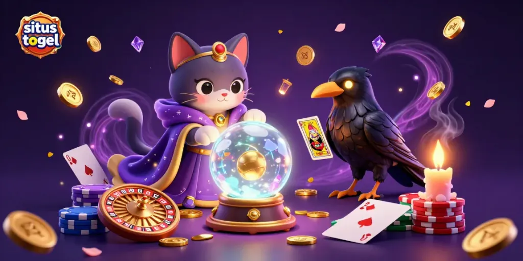 Engage with the vibrant world of situs togel through this magical 3D illustration showcasing a mystic cat, a raven, and casino elements.