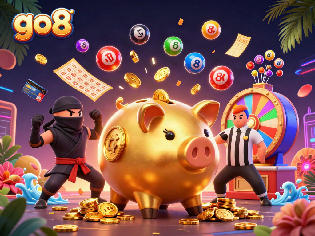 Experience the excitement of go8 gaming with a sumo wrestler, wallet ninja, and casino elements!