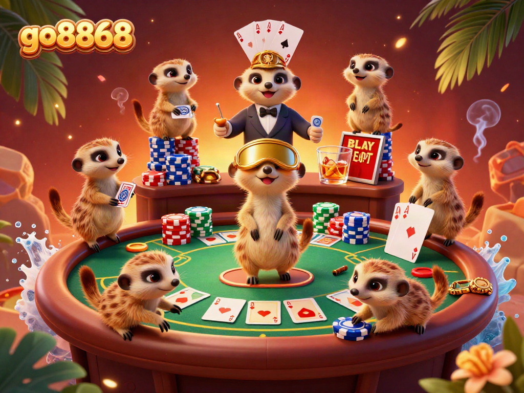 Experience go8868's lively casino operations with meerkats engaged in exciting gaming activities.