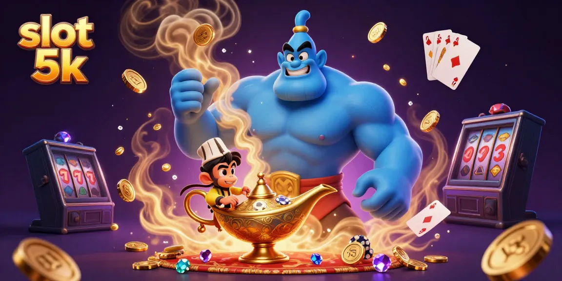 Experience the thrill of slot 5k with a genie and magical casino elements in this vibrant illustration.