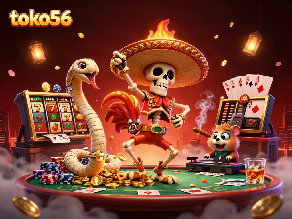 Engage with winning strategies at toko56, featuring vibrant characters and iconic casino symbols in a lively scene.