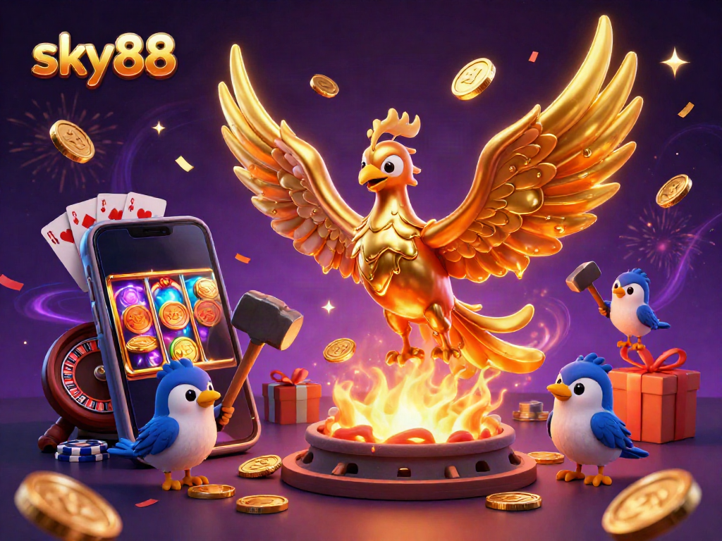 Engage with sky88's vibrant casino world through a golden phoenix and dynamic gaming elements.