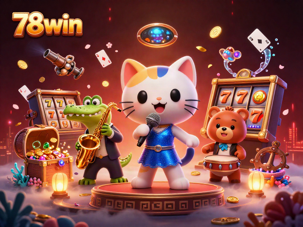 Experience the thrill of 78win with colorful casino elements and animated characters in a vibrant scene.