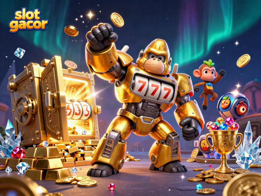 Spin to win at slot gacor with a dynamic golden gorilla mech and treasures galore!