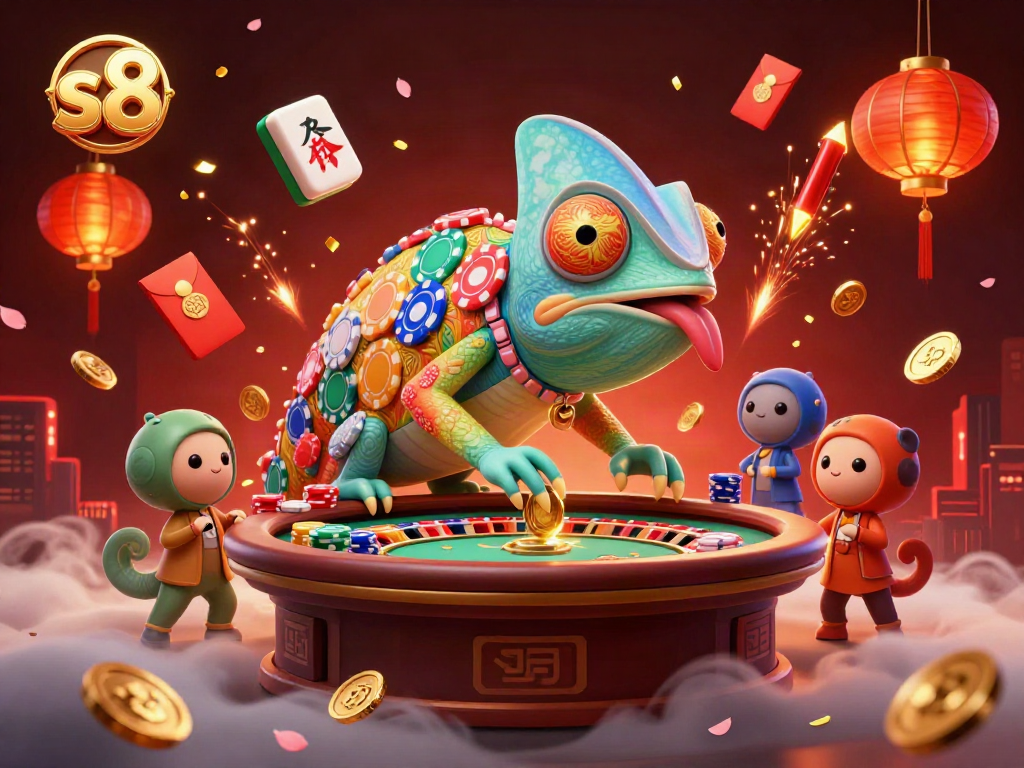 Experience vibrant casino excitement with s8 featuring a colorful chameleon and festive game elements.