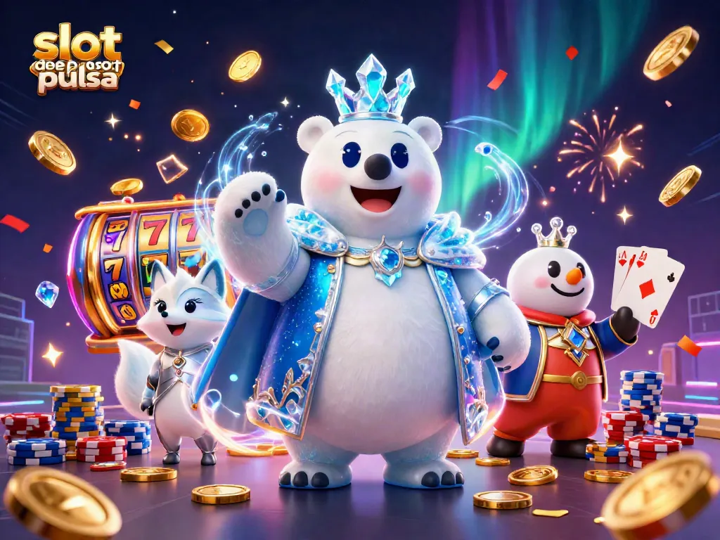 Engage in fun with slot deposit pulsa, featuring a cartoon polar bear and fox surrounded by vivid casino elements.