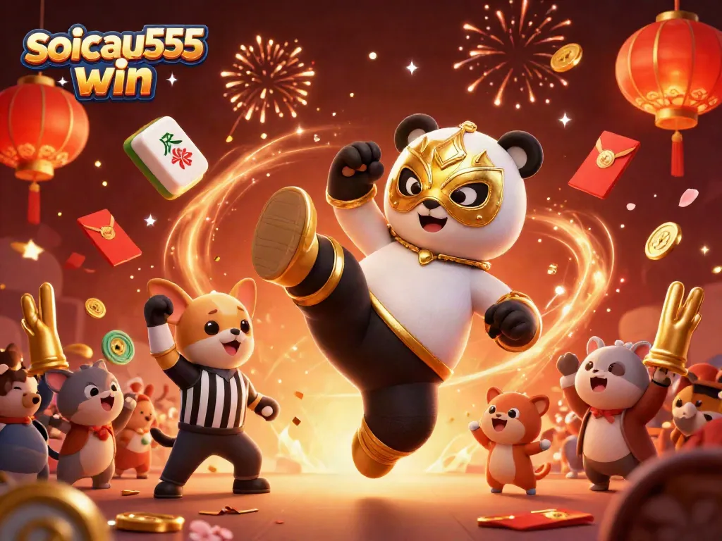 Exciting 'soicau555 win' action scene with cartoon panda wrestler, chihuahua referee, and festival elements.