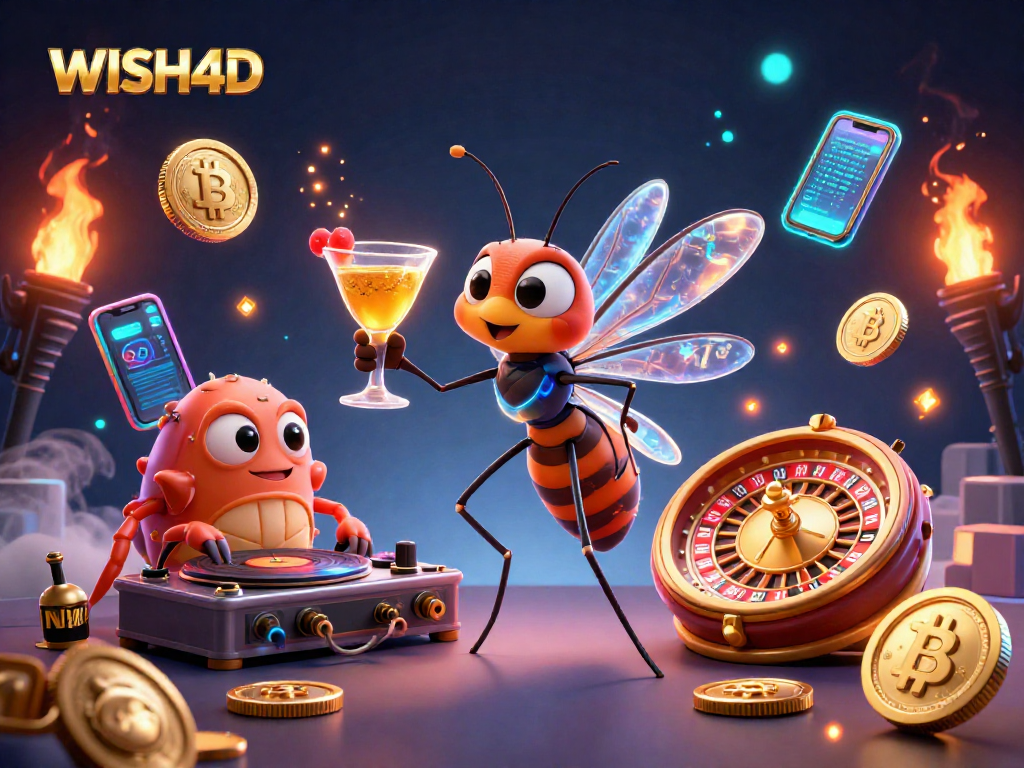 Enhance your gaming experience at WISH4D with a lively 3D casino illustration showcasing vibrant characters.
