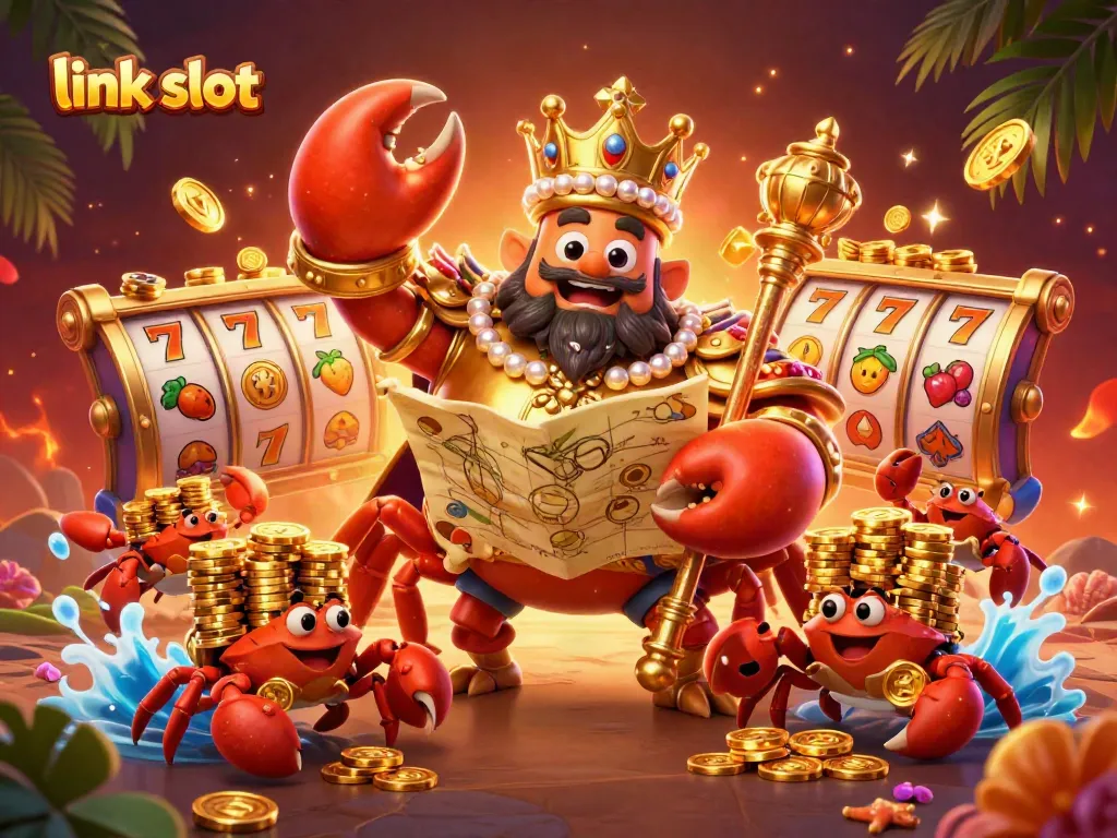 Engage with link slot games featuring a golden crab emperor and vibrant slot reels, showcasing exciting jackpot potential.