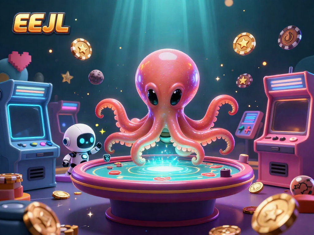 Engaging 3D scene of EEJL with an alien octopus at a poker table, showcasing vibrant casino elements.