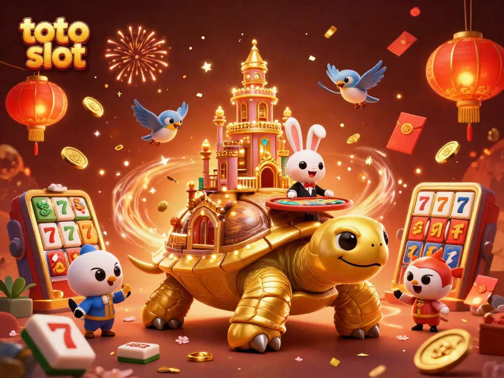 Spin to win at toto slot with our vibrant 3D casino scene featuring slots and festive elements.