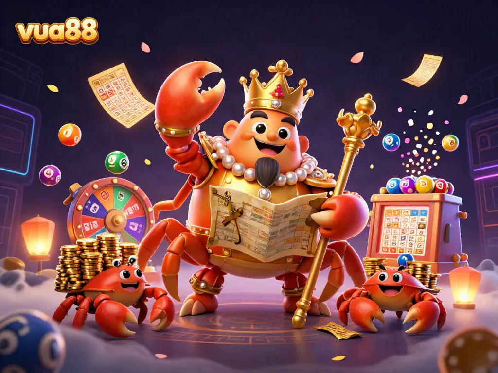 Experience the vibrant world of vua88 with colorful lottery balls and the majestic golden crab emperor.