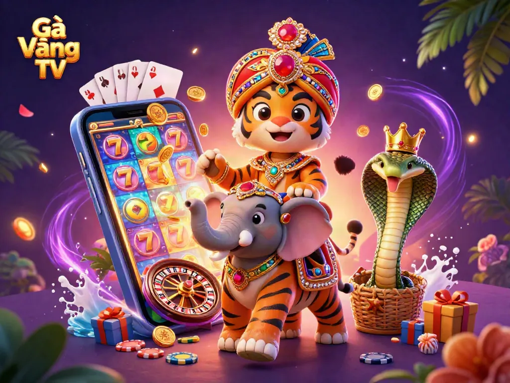 Spin the reels with Gà Vàng TV's colorful slot games and dynamic casino elements in a lively scene.