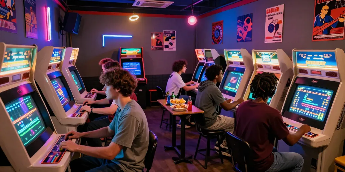 Pecah 404 retro arcade scene with friends enjoying classic games, neon lights and vintage machines.