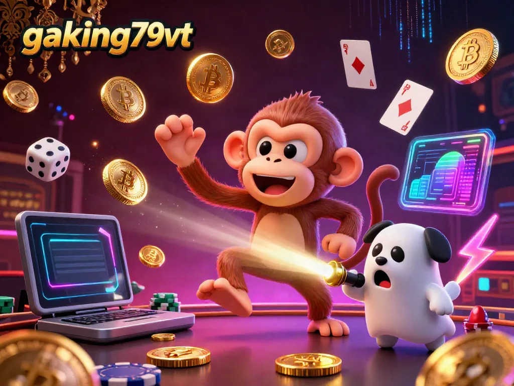 Experience the thrills at gaking79vt as a playful poltergeist monkey juggles coins in a vibrant casino scene.