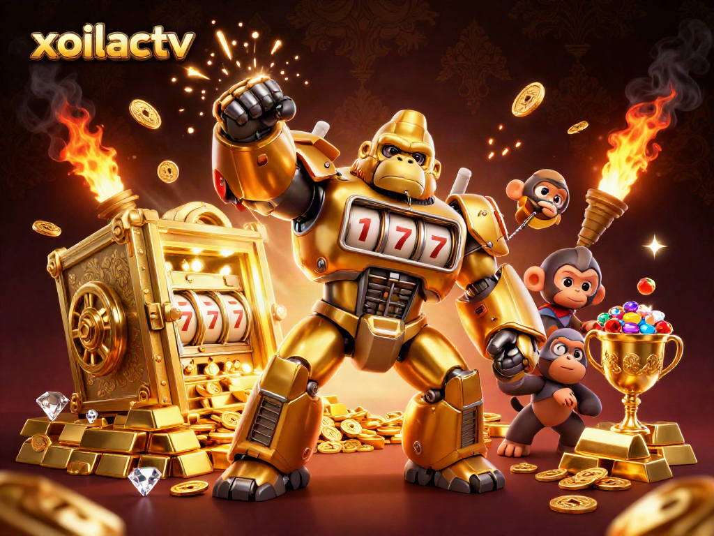 Xoilactv's golden gorilla mech smashing through coins with dynamic action and casino elements.