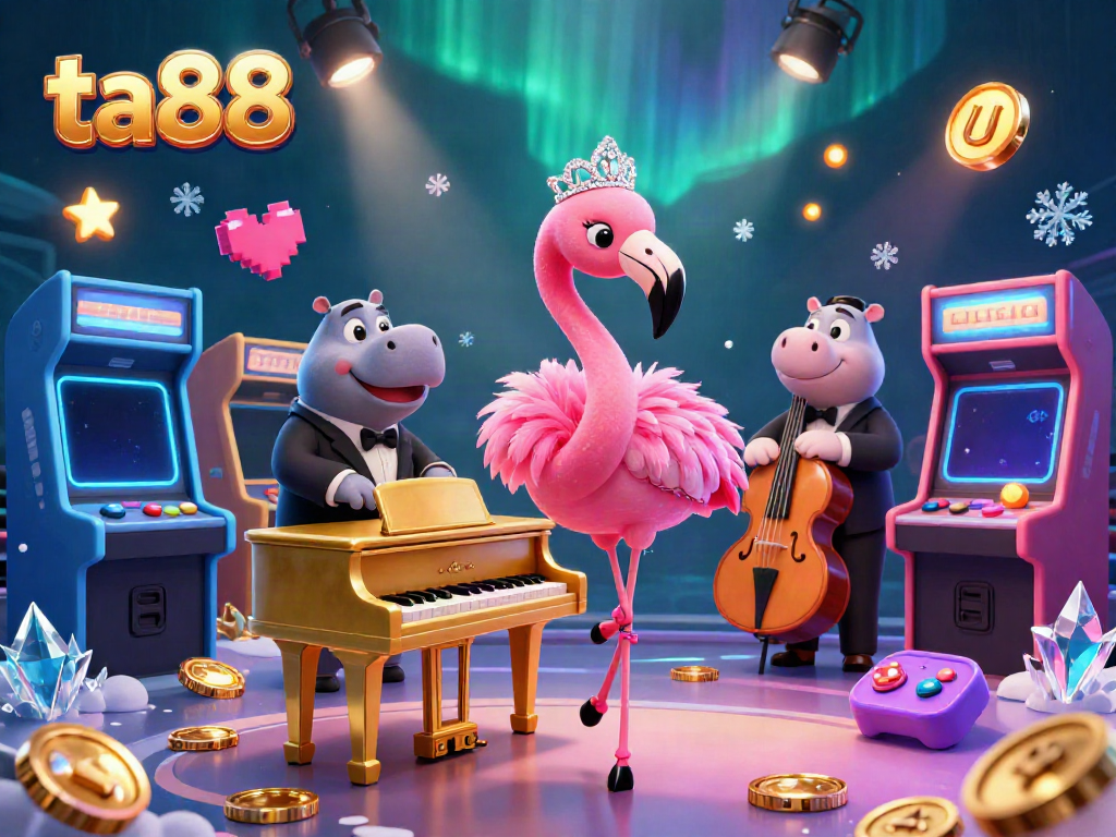 Engage with ta88's vibrant casino experience, featuring a singing flamingo and hippo band under dynamic lights.
