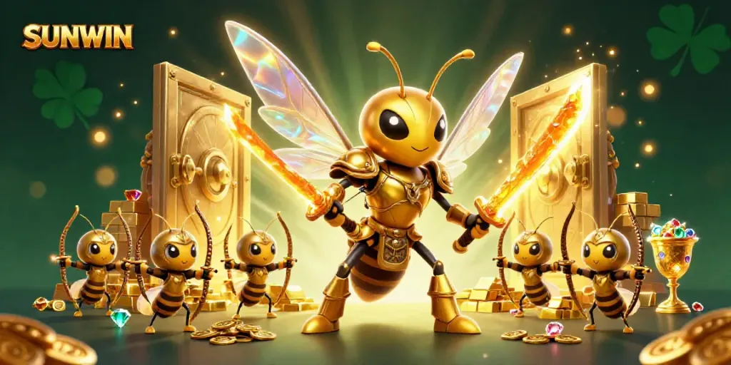 Engage in winning gameplay with SUNWIN, surrounded by golden treasures and vibrant casino elements.