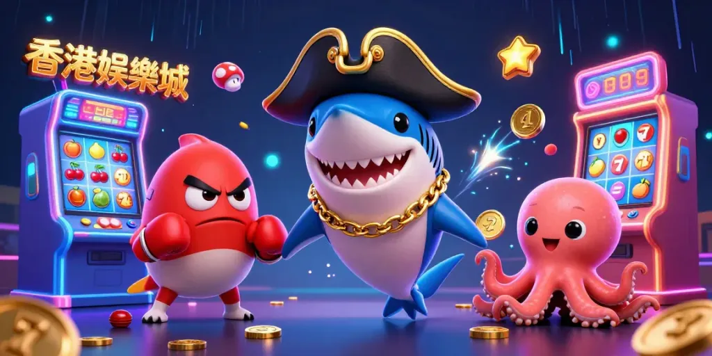 Engage in thrilling gaming at 香港娛樂城 with cartoon characters, slot machines, and neon elements.