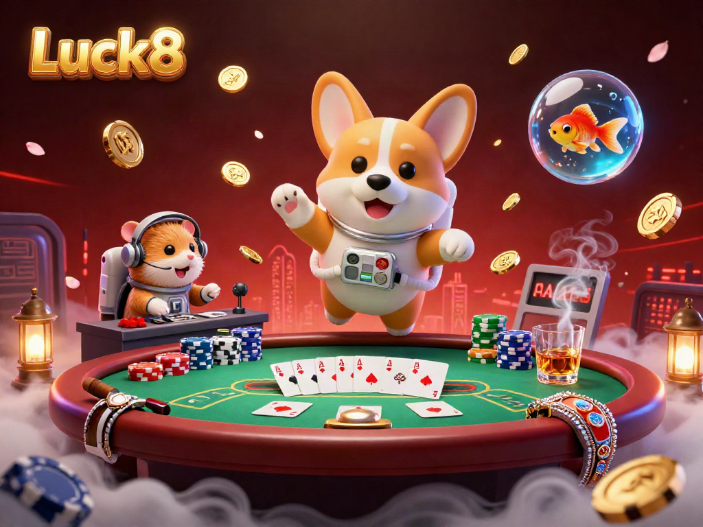 Luck8 gambling scene with a cartoon astronaut corgi floating in a casino, surrounded by colorful poker chips.