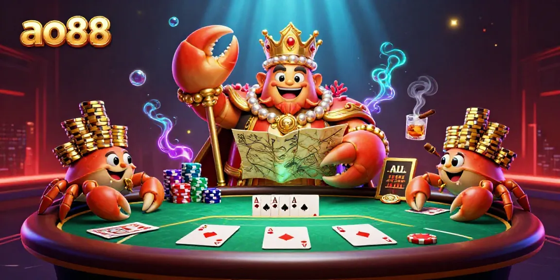 Experience the exciting ao88 casino with a golden crab emperor amidst poker elements and vibrant colors.