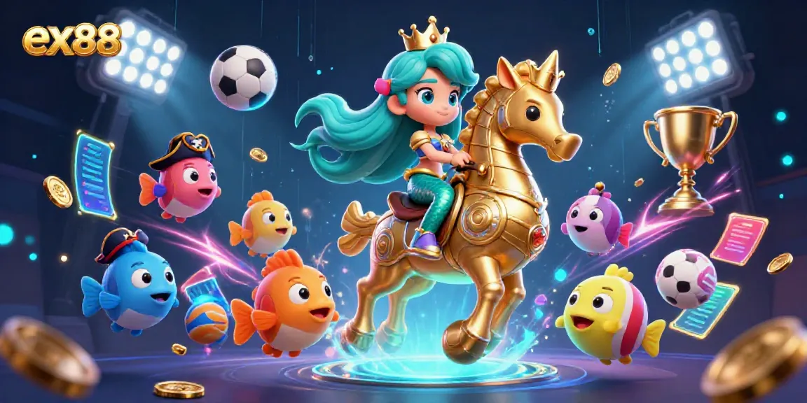 Engage in thrilling gameplay with ex88, featuring a mermaid princess and sports-themed elements in a vibrant casino scene.
