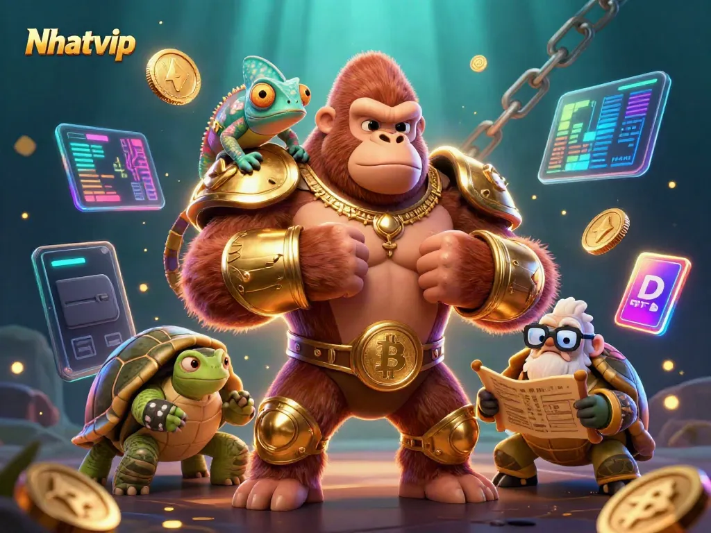 Nhatvip offers thrilling online casino action with characters showcasing vibrant card game elements in a dynamic scene.