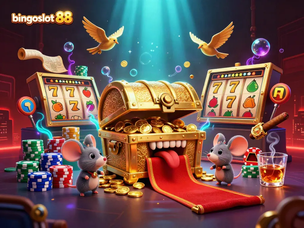 Bingoslot 88 menawarkan ilustrasi tiga dimensi yang memikat dengan simbol slot dan elemen kasino.
