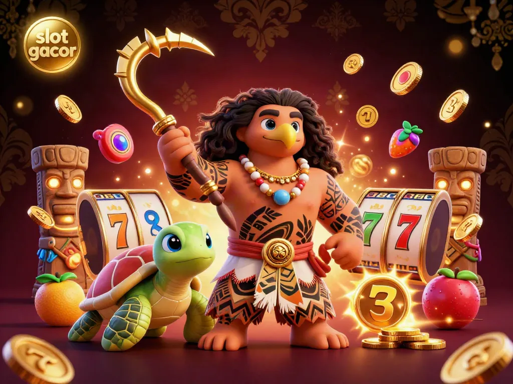 Join the fun with slot gacor as Polynesian-themed characters celebrate with vibrant slot reels and lucky symbols.